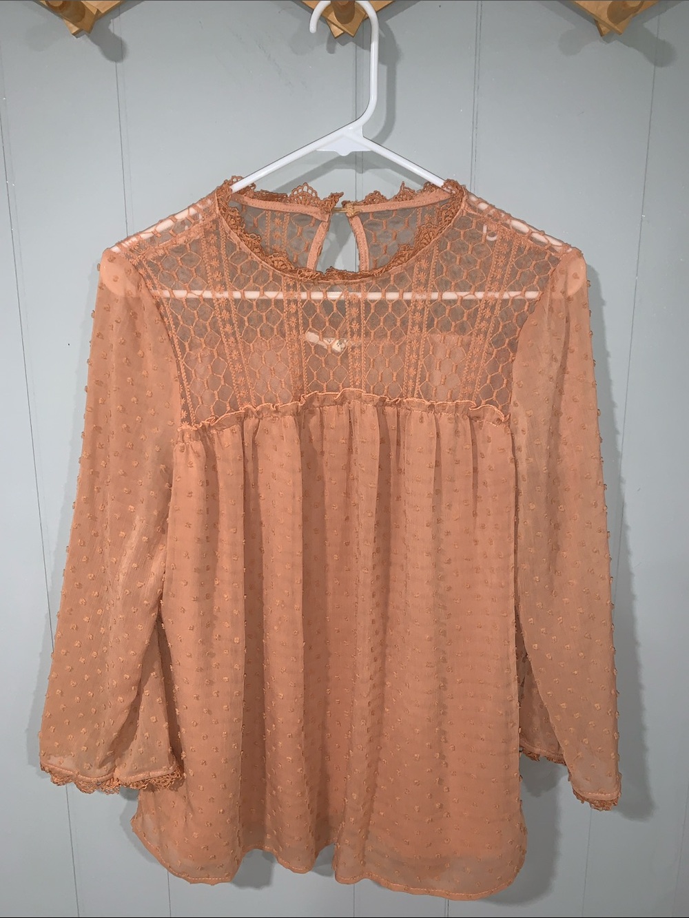 Sweet Wanderer Peach Swiss Dot Lace Yoke Blouse Size Large